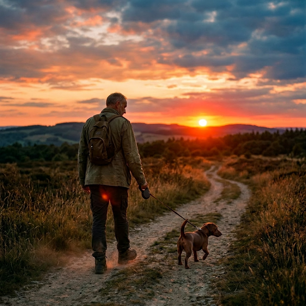 Man walking a small dog on a dirt path during a colorful sunset.