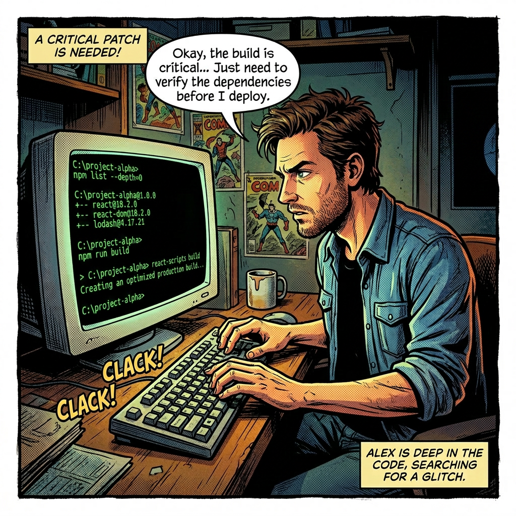 Man typing on keyboard at computer displaying command lines and system info